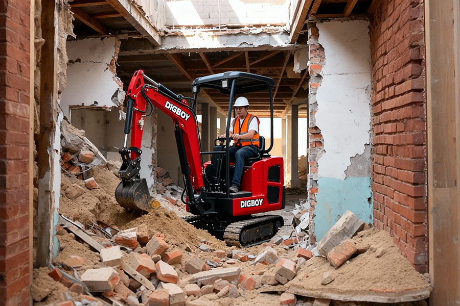 A DIG-BOY mini excavator used as narrow access construction equipment for an indoor project