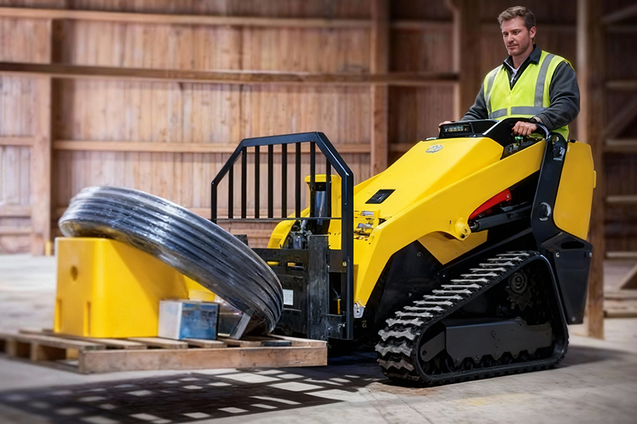 A DIG-BOY compact loader operating as efficient warehouse logistics equipment in a narrow aisle