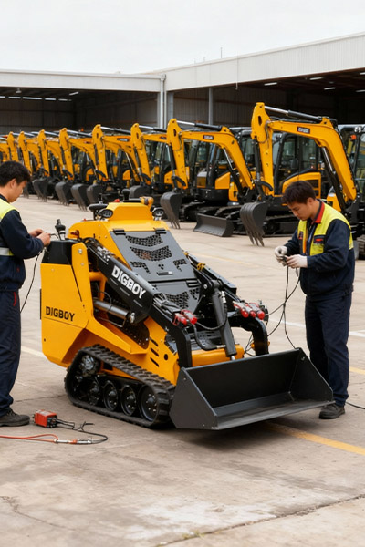 A technician performs a weld inspection as part of DIG-BOY's construction equipment quality control process